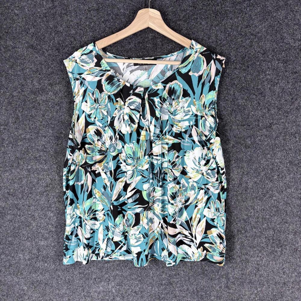 Kasper Blouse Women 2X Plus Blue Floral Sleeveless Wide Strap Casual Pullover